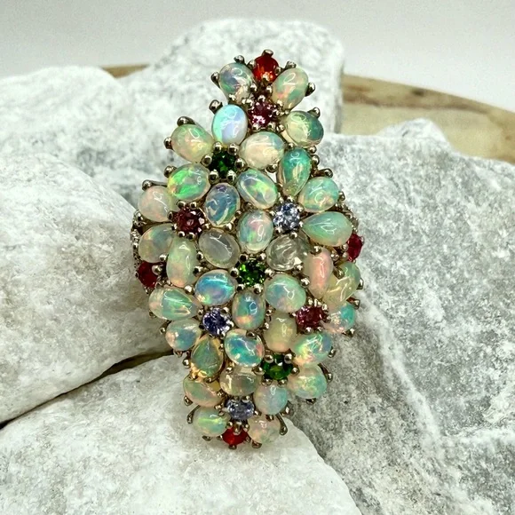 Premium Ethiopian Welo Opal & MultiGemstone 5.75 ctw Statement Ring Platinum/925 - Picture 9 of 17